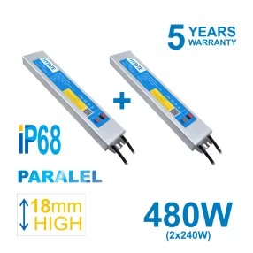   480W PARALEL PACK HYRITE 2x TLG-24E240C, professional LED power supply 2x 240W/24V = 480W, IP68, 18MM