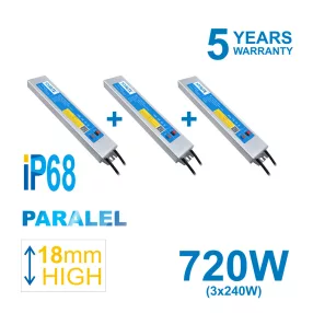   720W PARALEL PACK HYRITE 3x TLG-24E240C, professional LED power supply 3x 240W/24V = 720W, IP68, 18MM